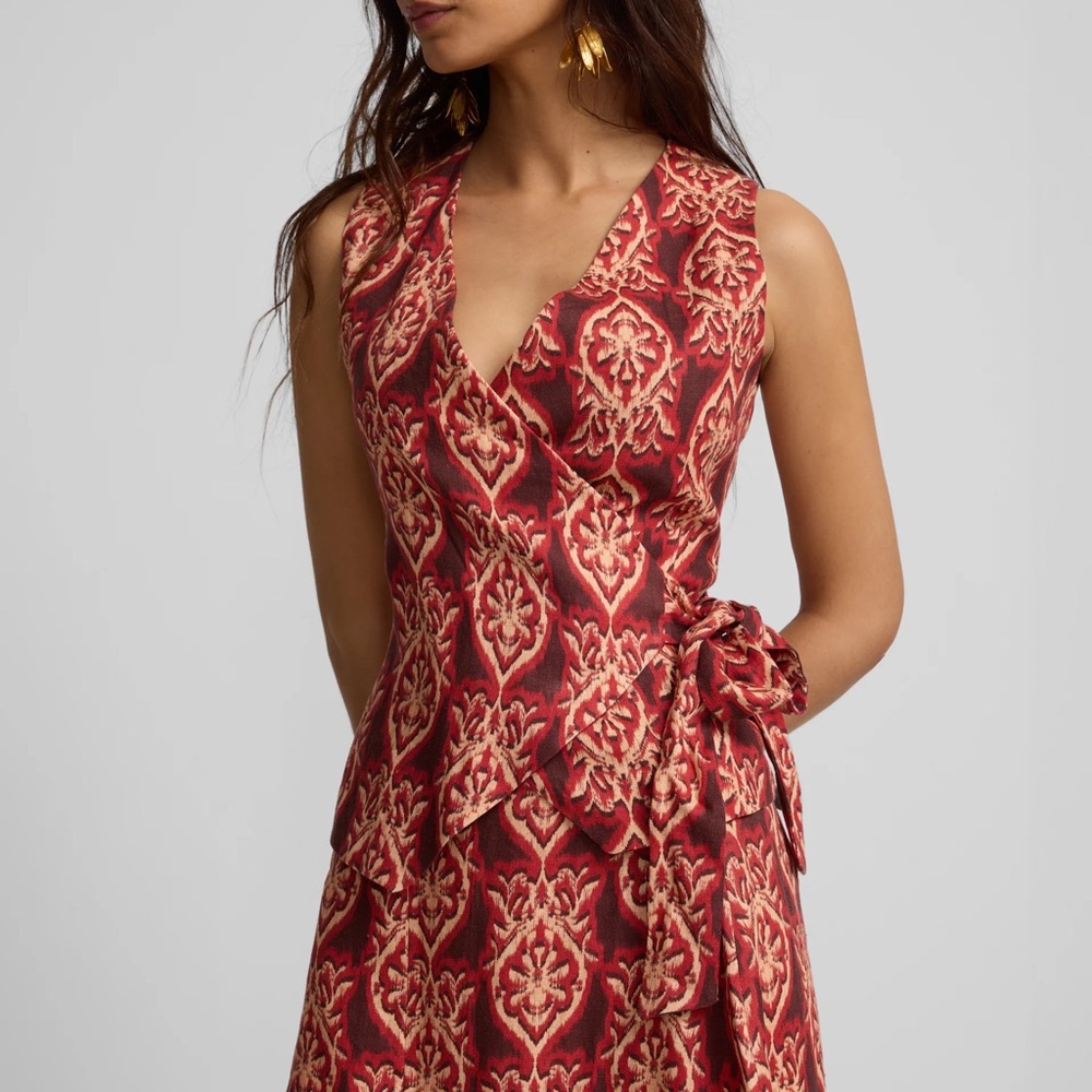 NWT Silbon RED Linen PRINTED Sleeveless wrap top with bow Size S